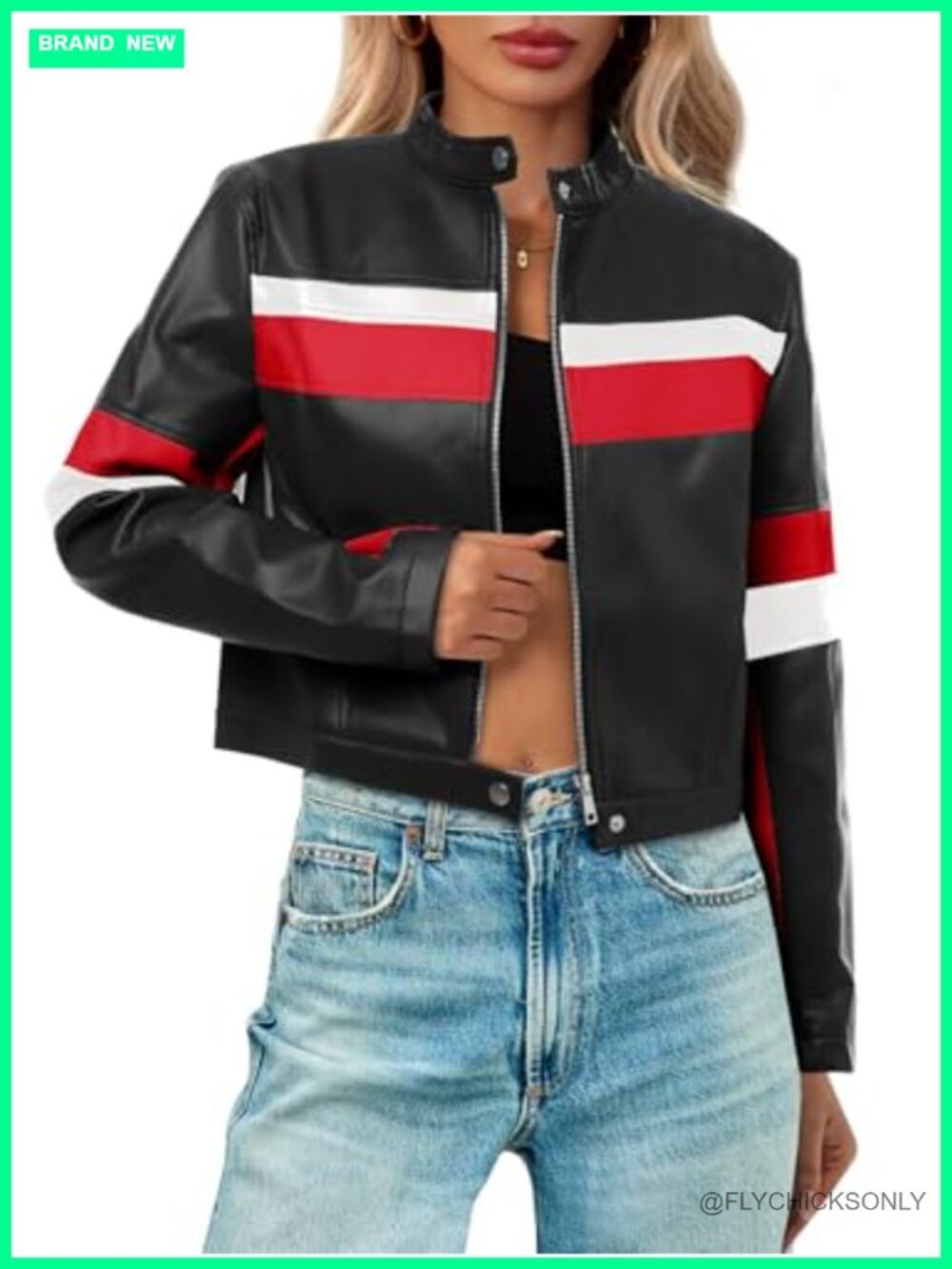 Faux Leather Cropped Moto Jacket Color Block Bomber Vintage